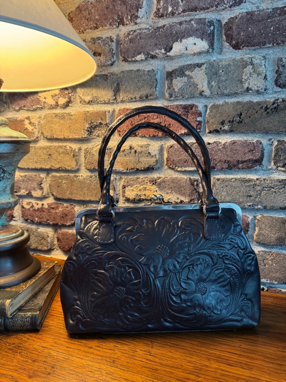 Patricia Nash Embossed Leather Floral Frame Handbag • Black
